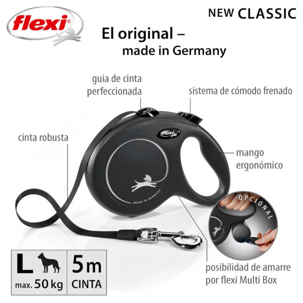 FLEXI Correa Retráctil New Classic con Cinta Negra