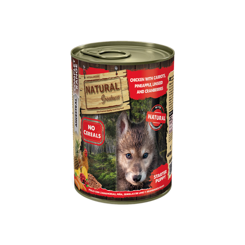 NATURAL GREATNESS Pollo con Zanahorias, Piña, Semillas de Lino y Arándanos Rojos (Cachorro) 400 g