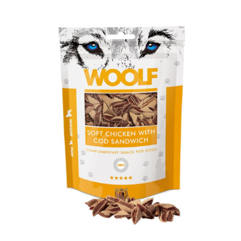 WOOLF Triángulos de Pollo y Bacalao 100 g para perros