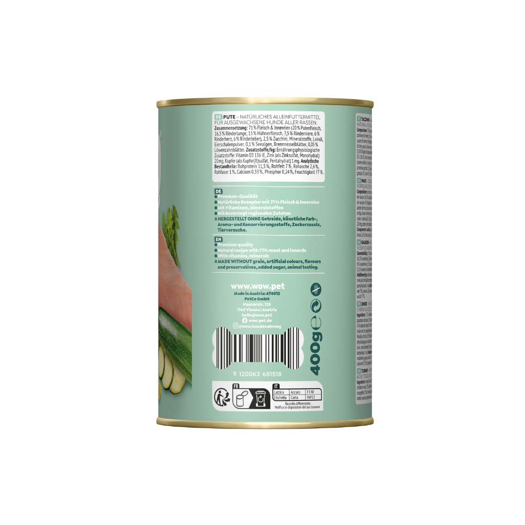 WOW Pavo con Calabacín y Diente de León 400 g para perros