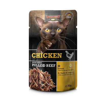 LEONARDO Extra Pulled Beef - Pollo 70 g para gatos