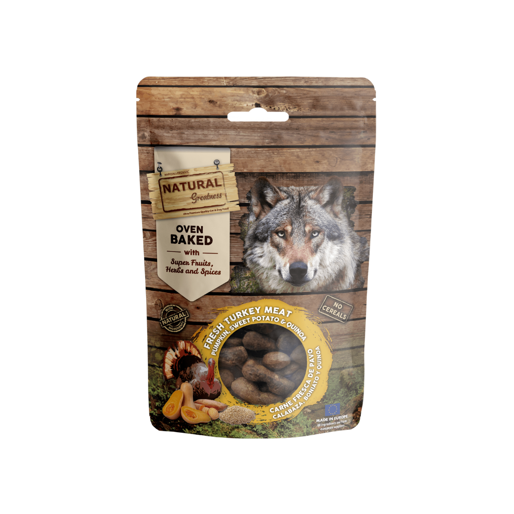 NATURAL GREATNESS Galletas Horneadas Pavo, Calabaza, Boniato y Quinoa (Digestivas) 100 g para perros