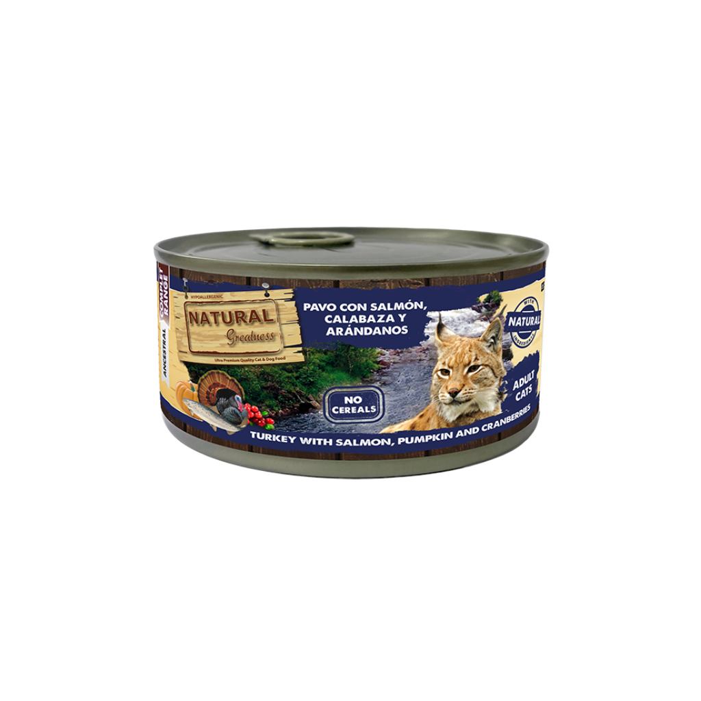NATURAL GREATNESS Pavo con Salmón, Calabaza y Arándanos 185 g para gatos