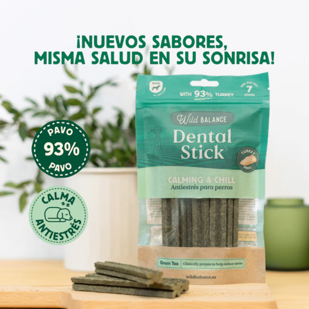 WILD BALANCE Sticks Dentales Pavo, Té Verde y Menta - Efecto Relajante 7 uds para perros